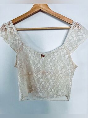 Sheer Lace Crop Top with Bow Detail - Ivory